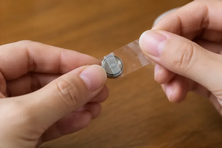 指でボタン電池の金属面に透明なテープを貼り付けて絶縁している様子