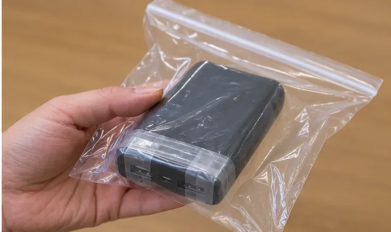 黒いモバイルバッテリーを中身が見える透明な袋に入れ、端子付近を保護した状態