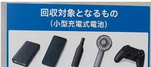 モバイルバッテリーやスマートフォンなど小型充電式電池を使う製品例の案内表示