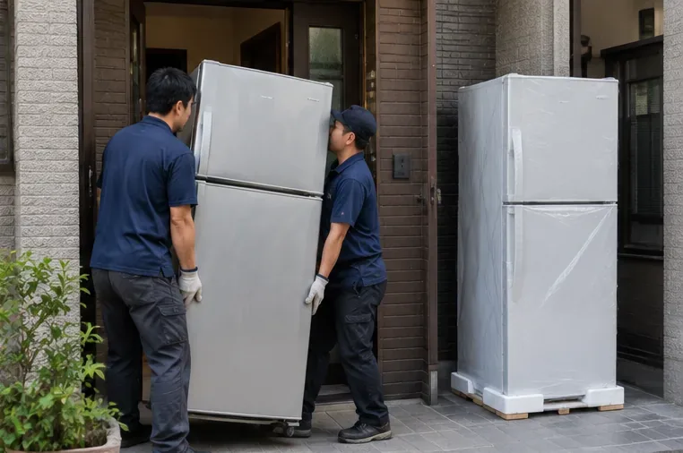 新冰箱送到住宅時，搬運人員同時準備搬走舊冰箱