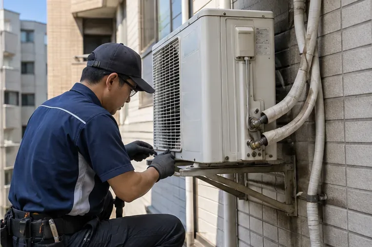 專業人員在建築外牆檢查分離式冷氣室外機與冷媒管線