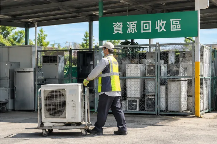 資源回收區內工作人員推著舊冷氣室外機進入分類區