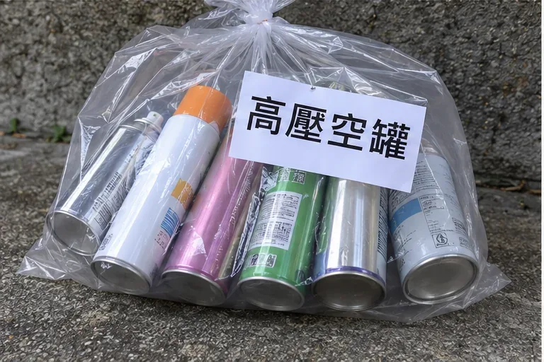 多個已使用的噴霧罐被單獨裝入透明袋，袋外貼有高壓空罐警示文字
