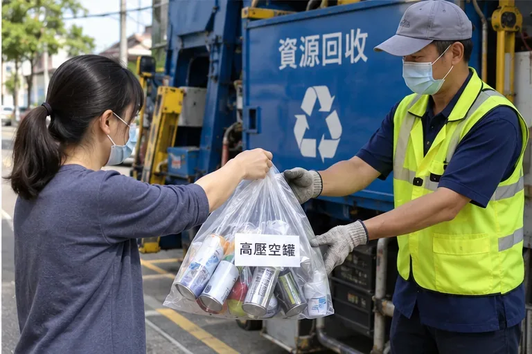 居民把裝有高壓空罐並貼上警示標籤的透明袋交給資源回收車旁的清潔人員