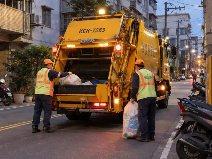 傍晚住宅街道上，清潔人員把垃圾袋交由黃色垃圾車收運