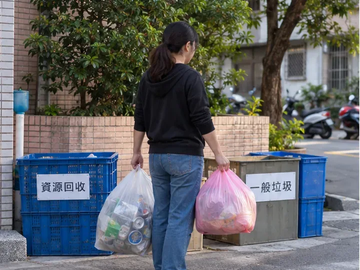 居民手持一般垃圾與資源回收物，準備在清運時間交給收運系統