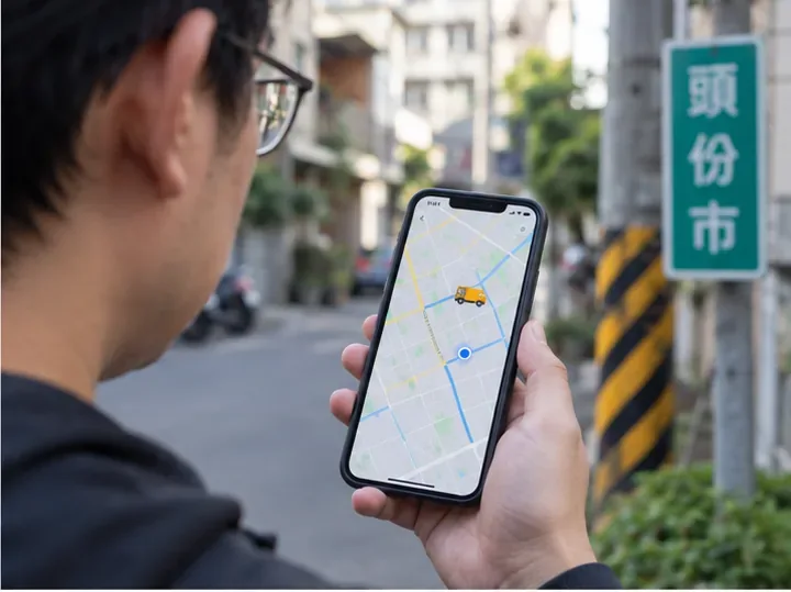 民眾在頭份街道查看手機上的一般地圖與垃圾車位置示意