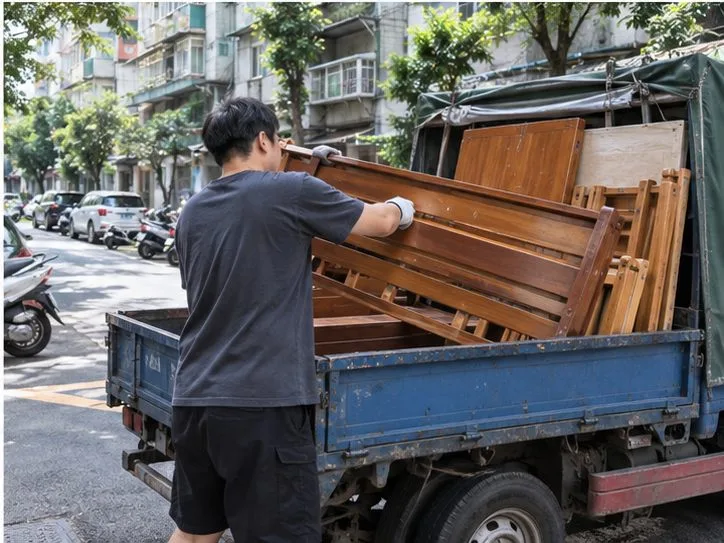 居民將拆解後的木製床架裝入小貨車，準備自行載運