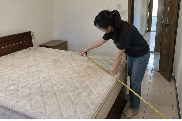 住戶在房間內用捲尺量舊雙人床墊尺寸，確認床墊大小與搬運空間