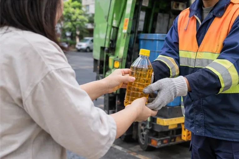 居民把已密封的透明廢食用油瓶交給穿反光工作服的回收人員，旁邊停著綠色清運車
