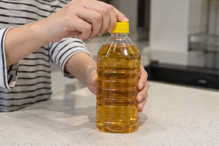 一雙手正在旋緊裝有冷卻廢食用油的透明塑膠瓶瓶蓋，瓶身直立放在廚房檯面