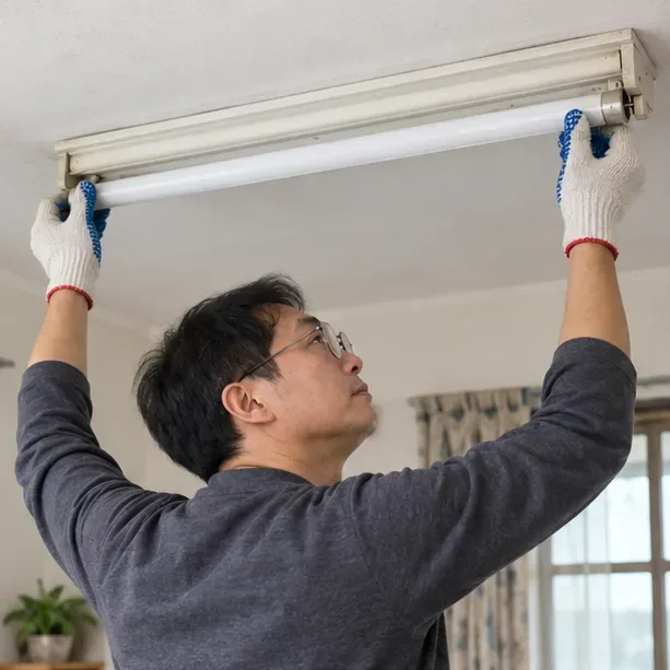 戴著手套的人在室內小心托住日光燈管兩端，準備從燈具拆下