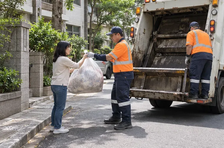居民在住宅街道旁把已裝袋的棉被交給一般垃圾車工作人員