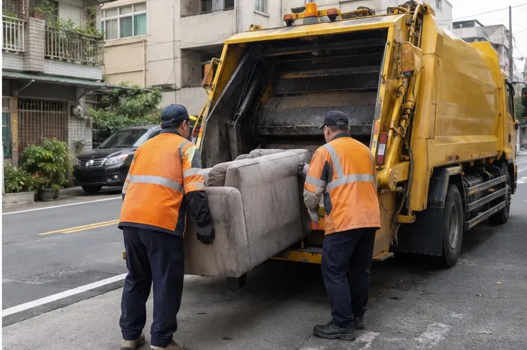 清潔人員在住宅街道旁將灰色舊沙發搬上大型垃圾清運車