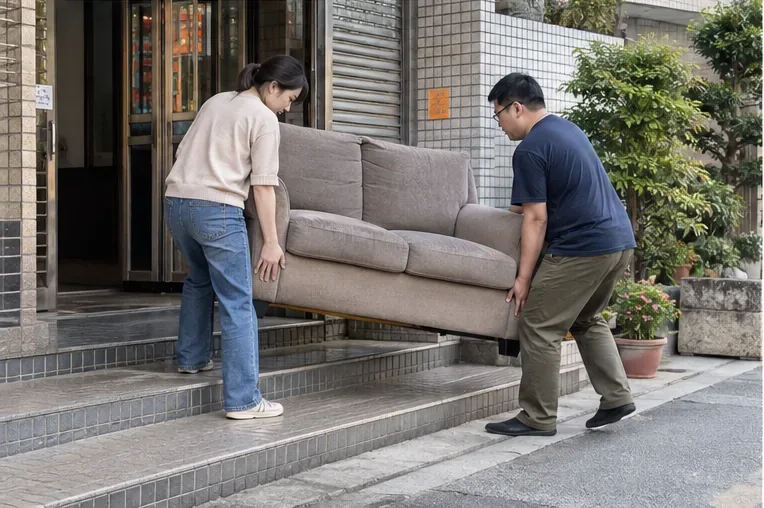 兩名住戶把灰色沙發從住宅門口階梯搬到地面層，準備依約交付清運