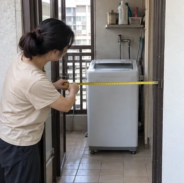 住戶在陽台前用捲尺測量一台上掀式洗衣機的寬度，旁邊可見通往室內的門口。