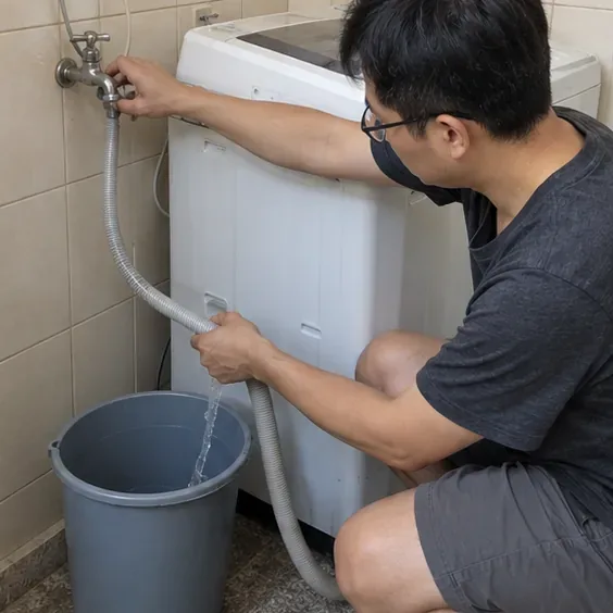 住戶在洗衣機旁關閉進水閥，並將排水管導入水桶排出殘水。