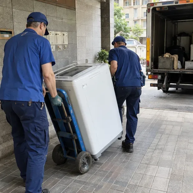 兩名搬運人員使用大型手推車，將一台上掀式洗衣機移向停在路邊的回收貨車。