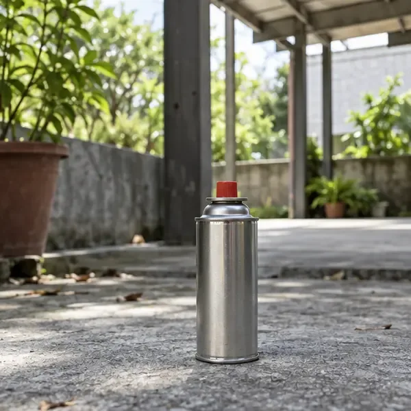 一個小型金屬卡式瓦斯罐直立放在通風良好的戶外遮蔭處，周圍沒有火源