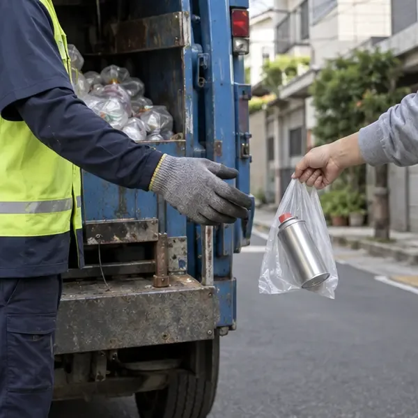 資源回收車旁的工作人員接收以透明袋單獨裝好的小型瓦斯罐