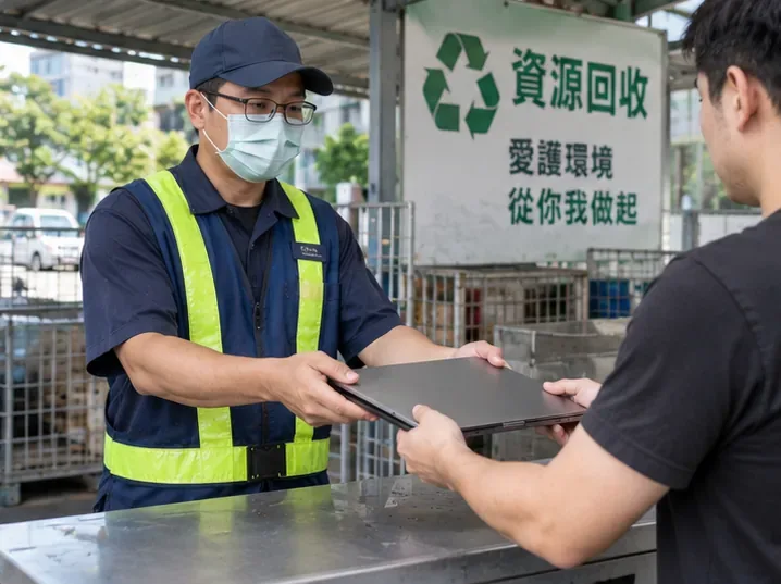 民眾在資源回收場所把闔上的舊筆記型電腦交給穿著反光背心的回收人員