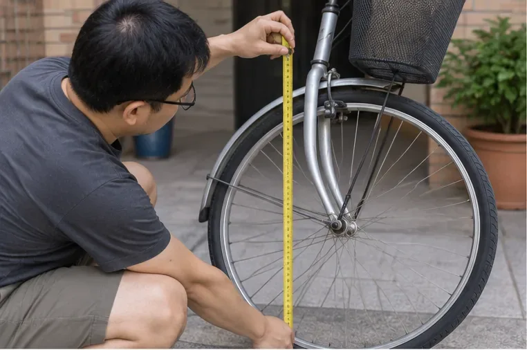 住戶在家門口量測廢腳踏車前輪直徑，確認是否超過20吋