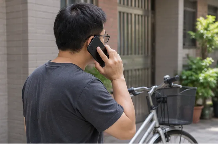 住戶站在腳踏車旁使用手機聯絡清潔隊安排大型腳踏車收運