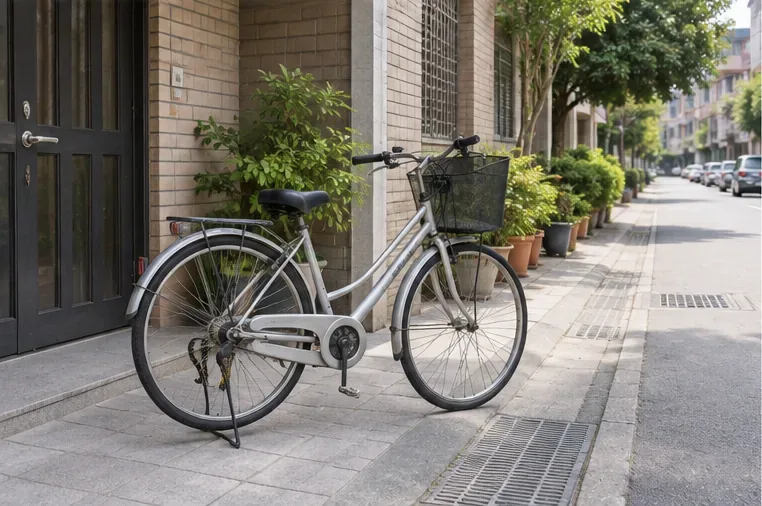 一台整理好的銀色腳踏車停在住宅門口內側，等待約定時間交付清運