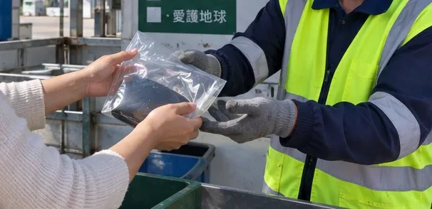 民眾將單獨包裝的膨脹行動電源親手交給戴手套的回收人員