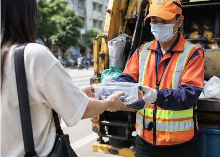 民眾把裝有廢電池的透明盒直接交給穿反光背心的清運人員