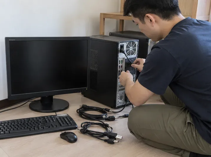 一名民眾在家中整理舊桌上型電腦、螢幕、鍵盤與連接線，準備分類回收