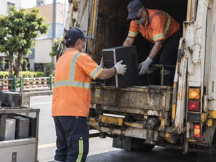 回收作業人員將舊桌上型電腦搬上清運車進行後續資源回收
