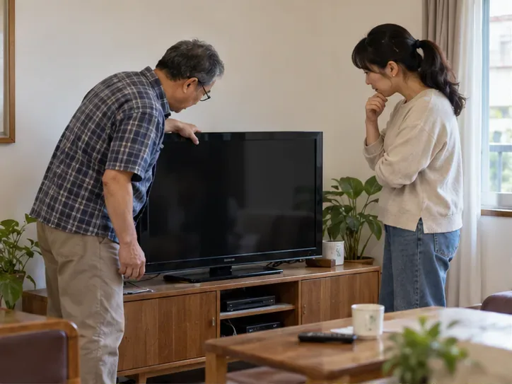 一家人在客廳查看一台準備汰換的平面電視