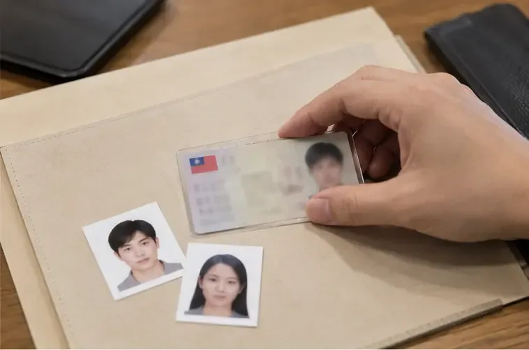 文件夾上放著身分證明文件與兩張一吋彩色證件照片