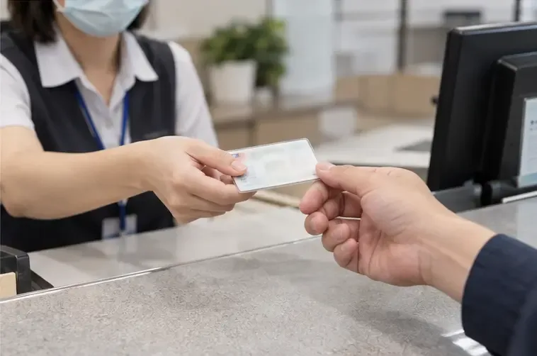 承辦人員在櫃檯將補發的駕照卡片交給申請人，卡片內容模糊不可辨識