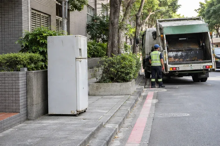 廢冰箱直立放在住宅外側不妨礙通行的位置，清運車在旁邊準備收取