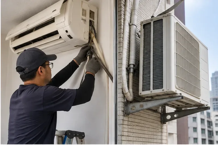 技術人員在住宅牆面處理分離式冷氣室內機管線，窗外可見固定在外牆的室外機