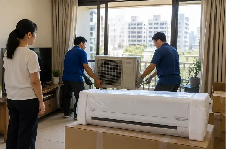 住戶在室內看著工作人員搬運冷氣室外機，旁邊有包裝好的新冷氣室內機