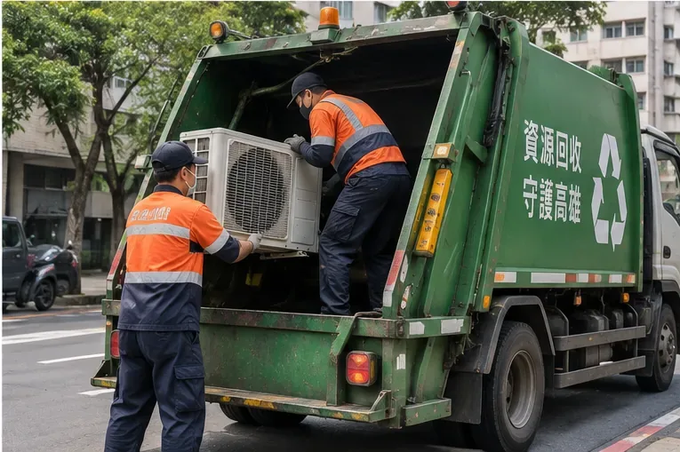 穿著工作服的人員把冷氣室外機搬上資源回收車，車身有資源回收標示