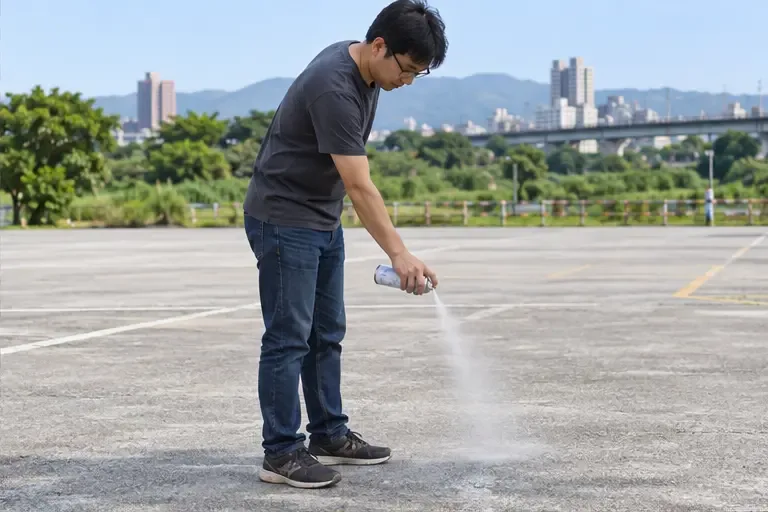 民眾在遠離人群與建物的戶外空曠處排出噴霧罐剩餘內容物