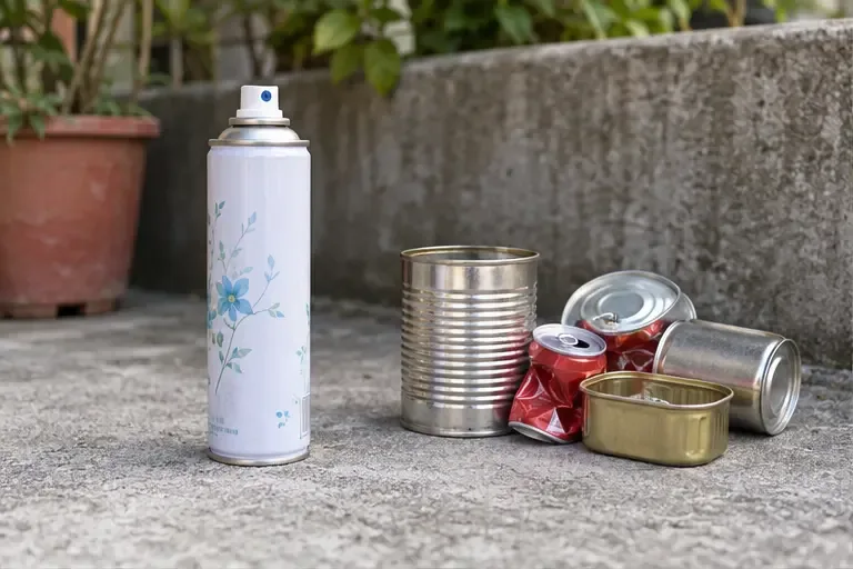 一罐已用完的噴霧罐與金屬回收容器分開放置
