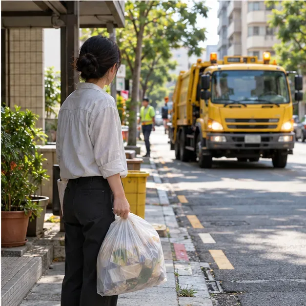 住戶在住家附近的清運點等候，遠處有一輛黃色清潔車行駛接近