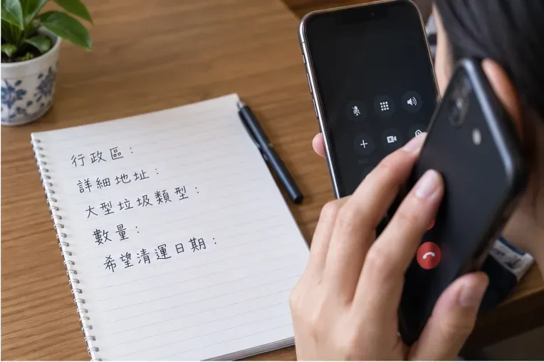 住戶拿手機聯絡清潔隊，旁邊筆記本寫著行政區、詳細地址、大型垃圾類型、數量與希望清運日期