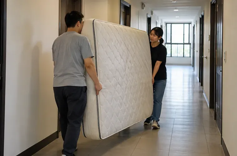 兩位住戶在淨空的公寓走廊合力直立搬運床墊
