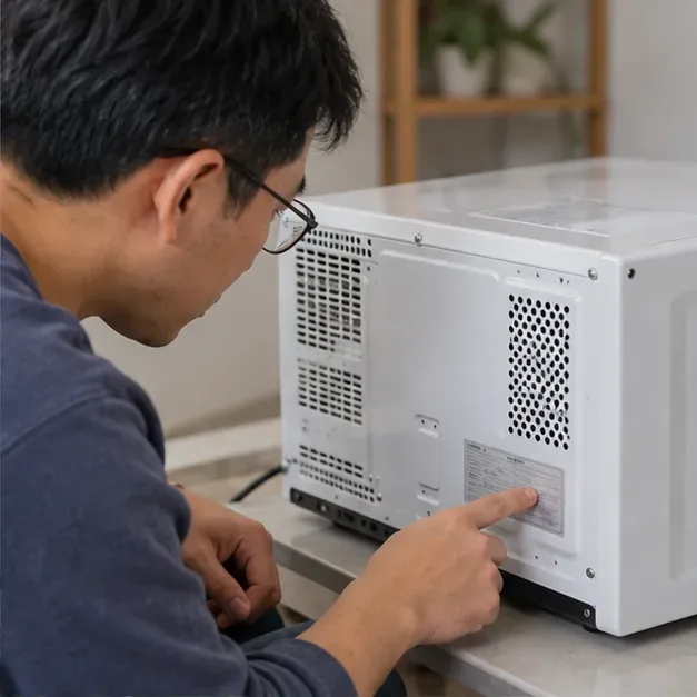 住戶查看微波爐背面的產品標籤與機身狀況