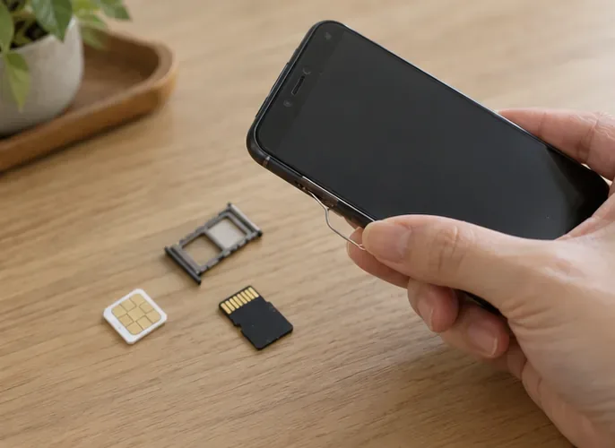 手持手機旁的桌面上放著取出的 SIM 卡、記憶卡與卡槽