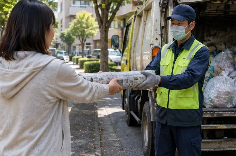 民眾將已包覆的長型日光燈管交給資源回收車旁的清潔人員