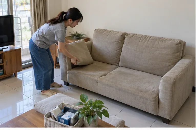 高雄住宅室內，一名住戶正在整理舊沙發並移開坐墊，準備確認沙發狀況與清運需求