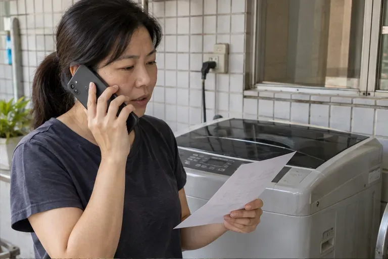 住戶在洗衣機旁用手機聯絡清潔隊，手上拿著記錄預約資料的紙張