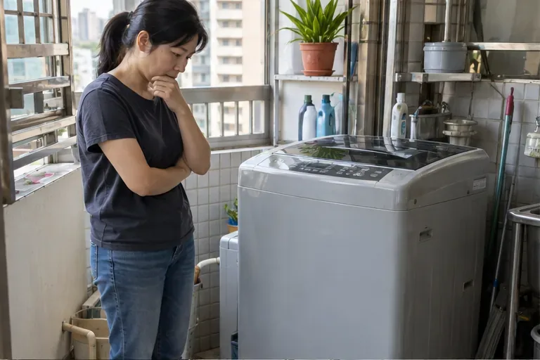 住戶站在陽台洗衣區查看一台完整的直立式洗衣機，準備安排汰舊回收